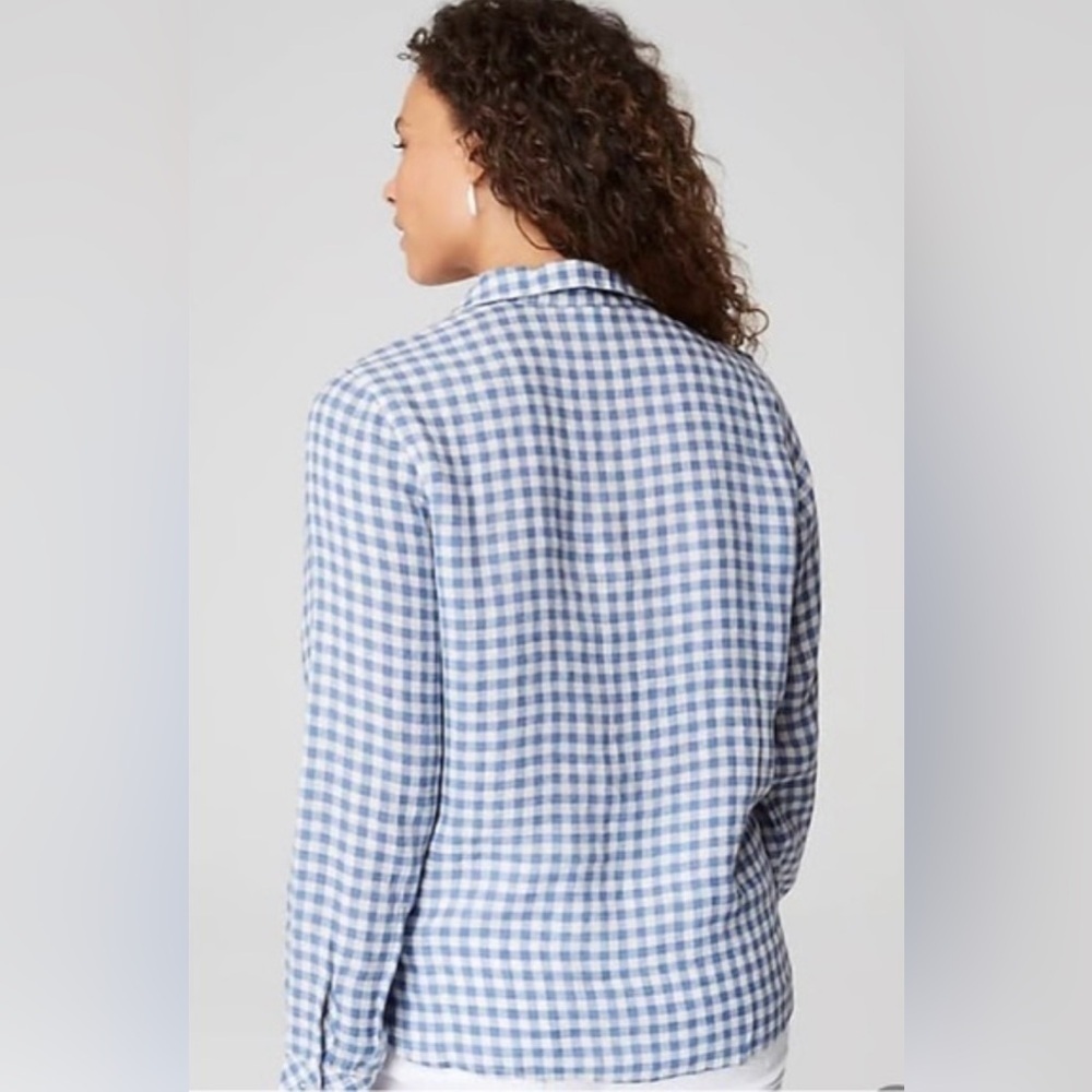 J. Jill Love Linen Blue Checker Gingham Popover Tunic Blouse V-Neck Size Medium - Picture 2 of 7